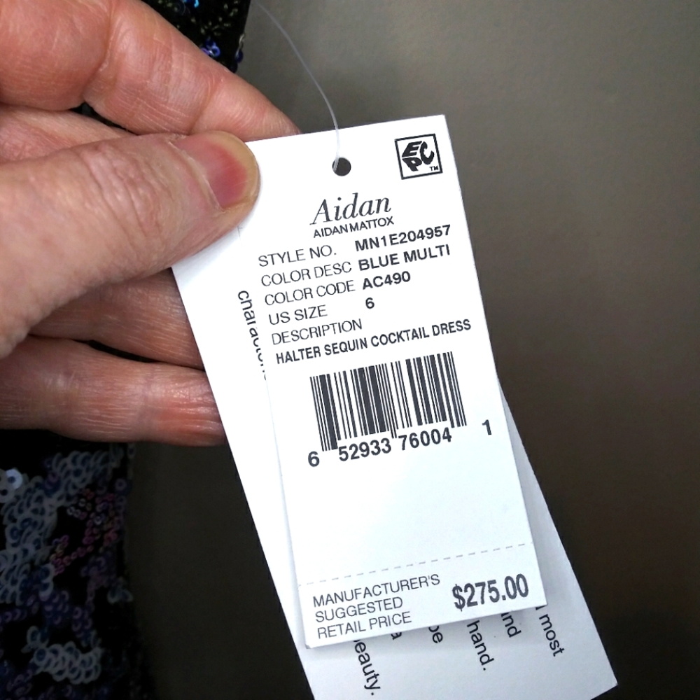 Aidan By Aidan Mattox Halter Neck Style Blue/Multi Sequin Covered Cocktail Dress - Picture 7 of 14